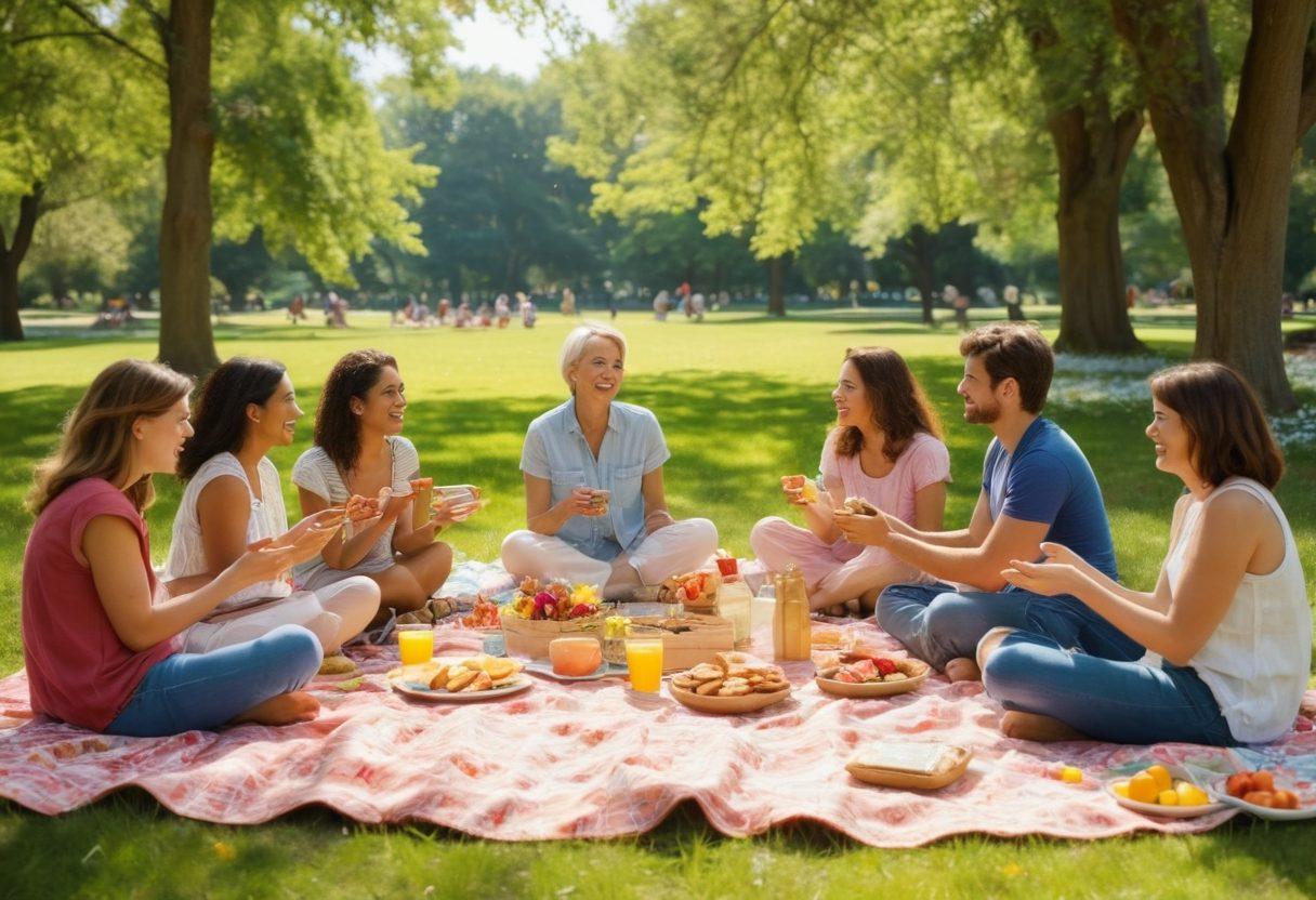 A warm and colorful gathering of diverse individuals sharing laughter, food, and experiences in a sunlit park, with elements symbolizing togetherness like intertwined hands and cheerful decorations. Vibrant flowers and a picnic blanket filled with treats should add to the joyful atmosphere. The background can showcase a serene landscape with trees and gentle sunshine streaming through. super-realistic. vibrant colors. cheerful atmosphere.