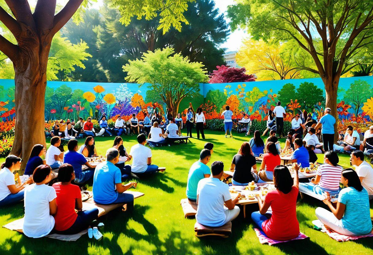 A vibrant community gathering scene, showcasing diverse individuals joyfully collaborating on various activities, such as painting a mural, playing music, and sharing food. The backdrop features a colorful park filled with flowers and trees, symbolizing unity and happiness. Warm sunlight bathes the scene, enhancing the feeling of togetherness and joy. super-realistic. vibrant colors. bright and cheerful atmosphere.