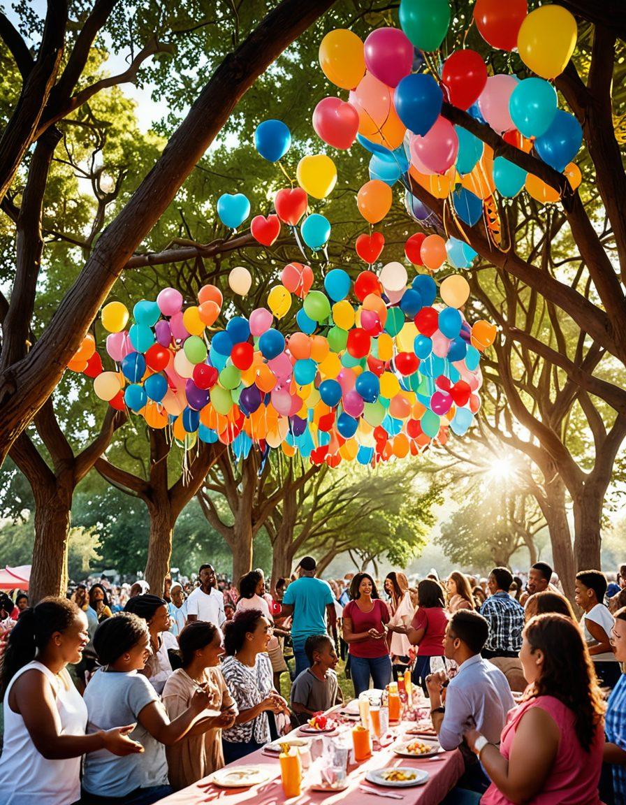 A vibrant community gathering under a colorful canopy of balloons and ribbons, where diverse groups of people are laughing, sharing food, and engaging in warm conversations. Children are playing games nearby, symbolizing joy and connection. Soft sunlight filters through the trees, illuminating the happy faces. Artistic details like hearts and intertwined hands are subtly integrated to emphasize togetherness. super-realistic. vibrant colors. warm atmosphere.